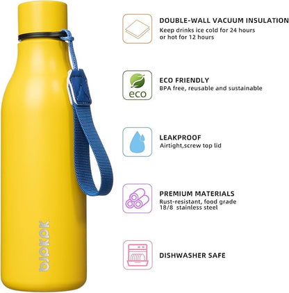 BJPKPK Insulated Water Bottles, 18 oz Stainless Steel Metal Water Bottle with Strap, BPA Free Leak Proof Jugs, Mugs, Flasks, Reusable Thermal Flasks for Sports & Travel, Yellow