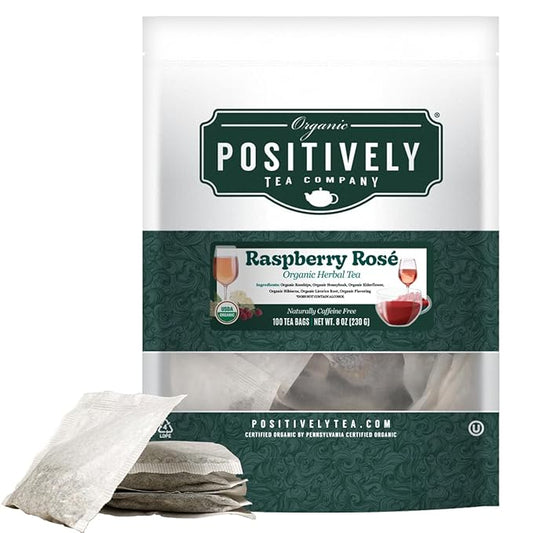 Organic Positively Tea Company, Raspberry Rosé, Herbal Tea Bags, 100 Count, Eco-Friendly Tea Bags, Non-GMO