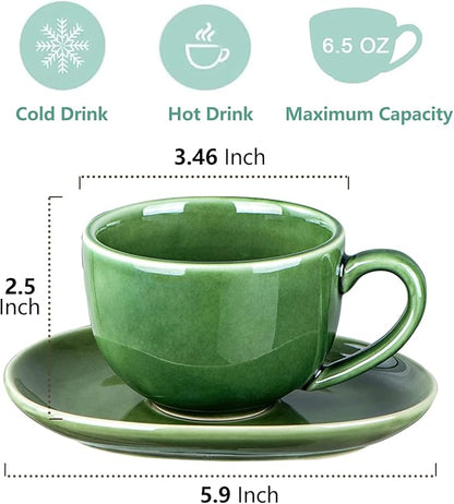 vicrays 6.5 oz Cappuccino Cups with Saucers, Set of 4, Ceramic Coffee Cup for Au Lait, Double shot, Latte, Cafe Mocha, Tea (Green)