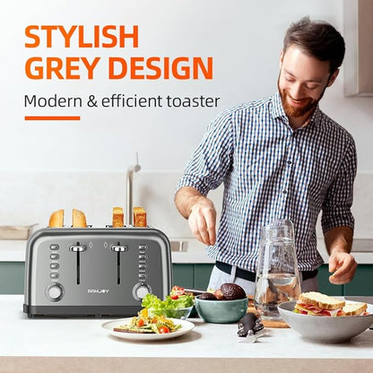 Grey Toaster 4 Slice, Dual Independent Controls, Extra Wide Slot Toasters for Bagel, Bread, Waffles, 7 Shade Settings, 4 Main Functions, Removable Crumb Tray, 1500 Watts, Grey Stainless Steel