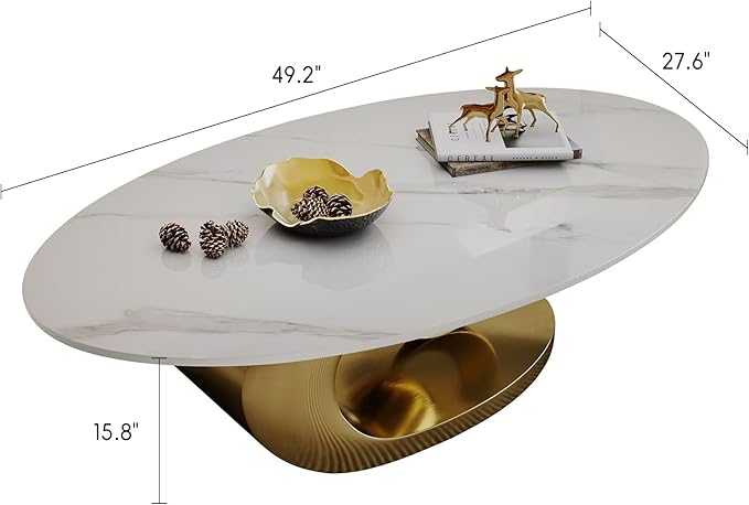 Marble Grain Coffee Table with Gold Stainless Steel Pedestal,Modern Coffee Tables,Oval Living Room Table with Faux Marble Top & Luxury Legs,Sintered Stone Cocktail Center Table,49.20inch