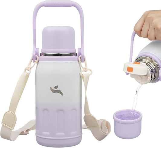 Insulated Water Bottle with Handle and Strap,Vacuum Travel Tumbler with Cup Lid,Thermo Coffee Cup for Hot Cold Drinks 27 OZ,Purple Pearl