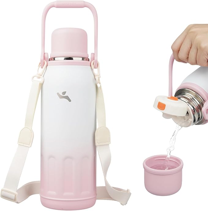 Insulated Water Bottle with Handle and Strap,Vacuum Travel Tumbler with Cup Lid,Thermo Coffee Cup for Hot Cold Drinks 50 OZ,Pink Pearl