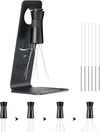 WDT Tool - Coffee Distribution Tool with Magnetic Stand, Adjustable Range Espresso Stirrer, 304 Stainless Steel 6 Needles 0.4mm and 6 Extra Needles 0.25mm