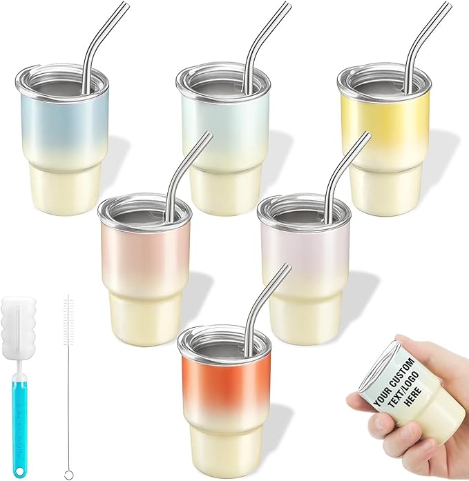 6 Pack 3 oz Sublimation Mini Tumbler Shot Glass with Straw and Lid, Gradient Color Insulated Stainless Steel Mini Tumblers Cups for Beach Birthday Wedding Parties, DIY Customizable Party Gift