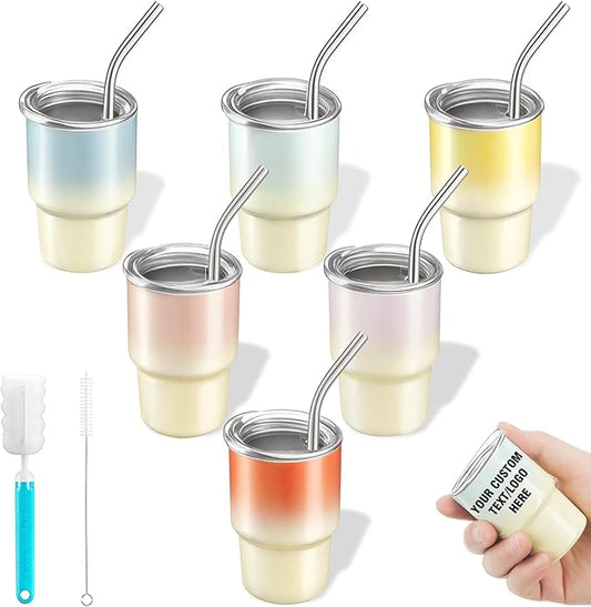 6 Pack 3 oz Sublimation Mini Tumbler Shot Glass with Straw and Lid, Gradient Color Insulated Stainless Steel Mini Tumblers Cups for Beach Birthday Wedding Parties, DIY Customizable Party Gift