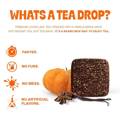 Tea Drops 30 Bulk Pack Organic Pumpkin Spice Bagless Tea - Loose Leaf, Lightly Sweetened, On-The-Go. Plastic-Free - Iced or Hot