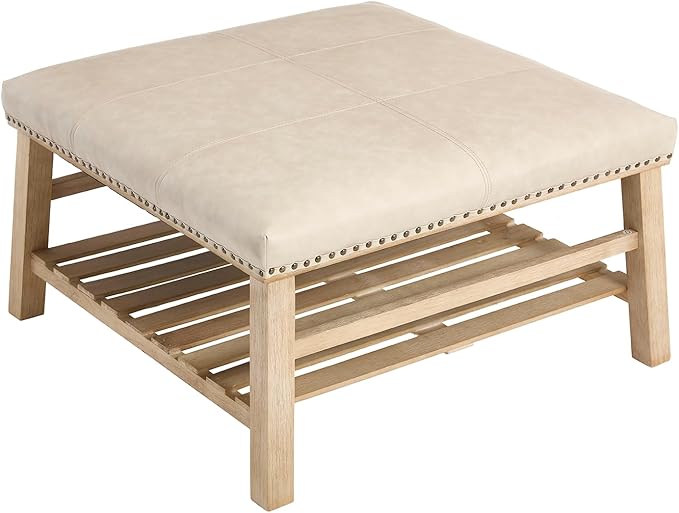 Kmax 32-Inch Beige Faux Leather Coffee Table Large Square Ottoman Foot Rest Stool Upholstered Coffee Table with Wooden Shelf Storage for Living Room Office