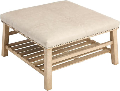 Kmax 32-Inch Beige Faux Leather Coffee Table Large Square Ottoman Foot Rest Stool Upholstered Coffee Table with Wooden Shelf Storage for Living Room Office