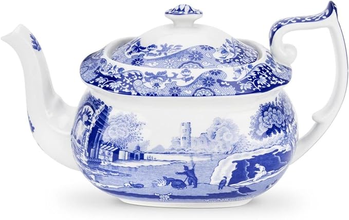 Spode Blue Italian Teapot with Infuser - 40 oz Countryside-Inspired Ceramic Teaware for Afternoon Tea, Earthenware Brunch Tableware, Vintage-Inspired Tea Party Hosting