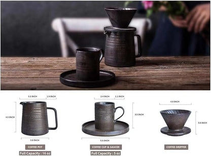 Handmade Stoneware Pour Over Drip Coffee Maker & Cups Set, Coffee Brewer Dripper Cone Filter, Coffee Decanter & Espresso Cups & Saucers Gift Set, Annular Veins Retro Metallic Glazed,16oz