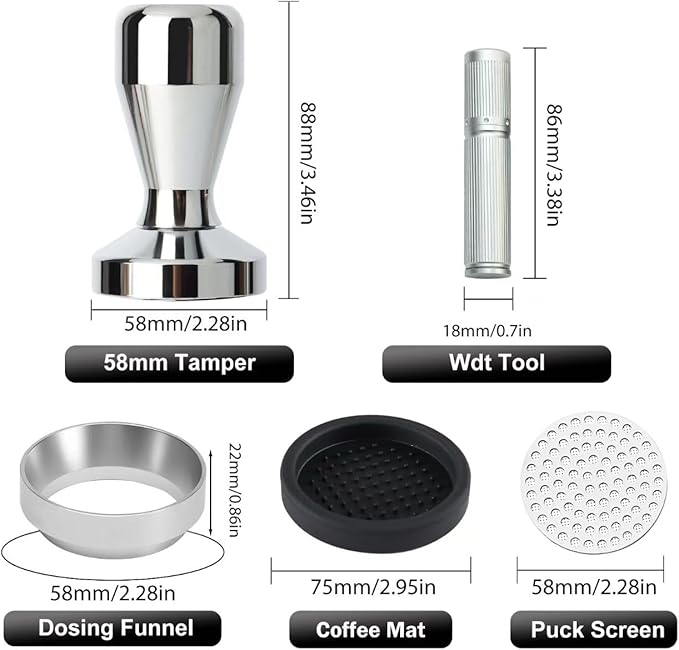 58mm Espresso Accessories Kit,Wdt Tool Espresso,Solid Espresso Tamper,Dosing Funnel and Coffee Puck Screen,Silicone Tamper Mat,0.4mm Stainless Steel 6pin Espresso Stirrer,Barista Tools Espresso Kit