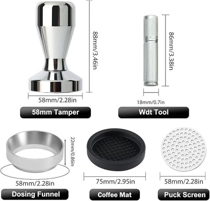 58mm Espresso Accessories Kit,Wdt Tool Espresso,Solid Espresso Tamper,Dosing Funnel and Coffee Puck Screen,Silicone Tamper Mat,0.4mm Stainless Steel 6pin Espresso Stirrer,Barista Tools Espresso Kit