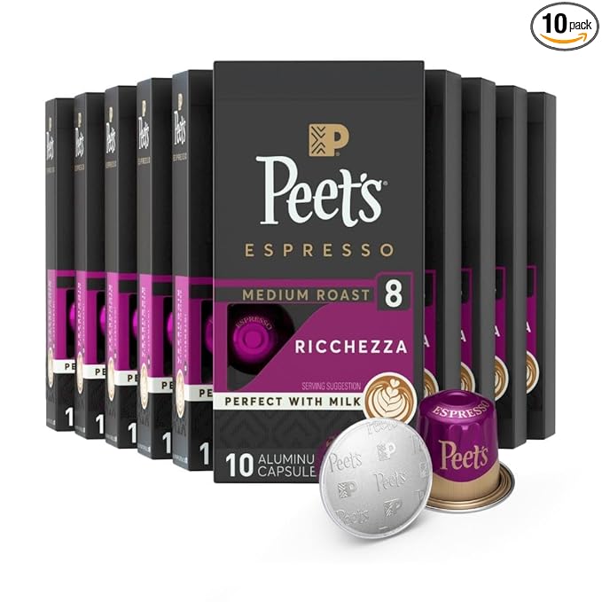 Peet's Coffee, Medium Roast Espresso Capsules, Compatible with Nespresso Original Machine - Ricchezza Intensity 8, 100 Count (10 Boxes of 10 Espresso Capsules)