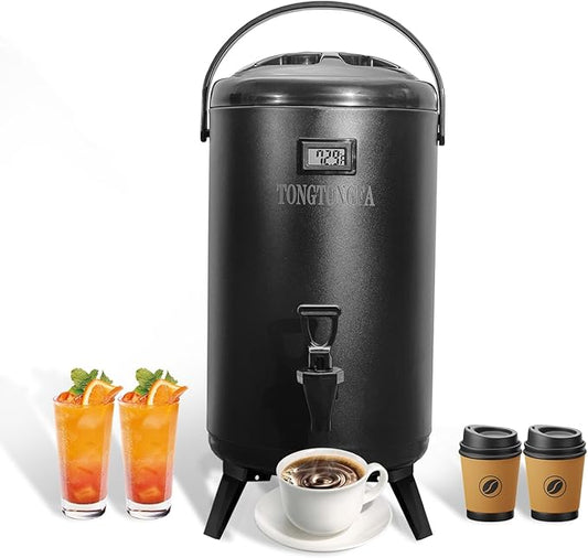 Insulated Beverage Dispenser, 12L/3.2gallon 304 thickened food-grade stainless steel Hot Drink Dispenser, Hot&Cold water urn with thermometer faucet for hot tea&coffee, cold milk, water, juice(Black)