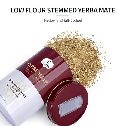 Yerba Mate, CUOPRU Suave Argentinian Mate, Low Powder, Original Leaves With Stems, Portable Storage Tea Caddy (N.W.247g)