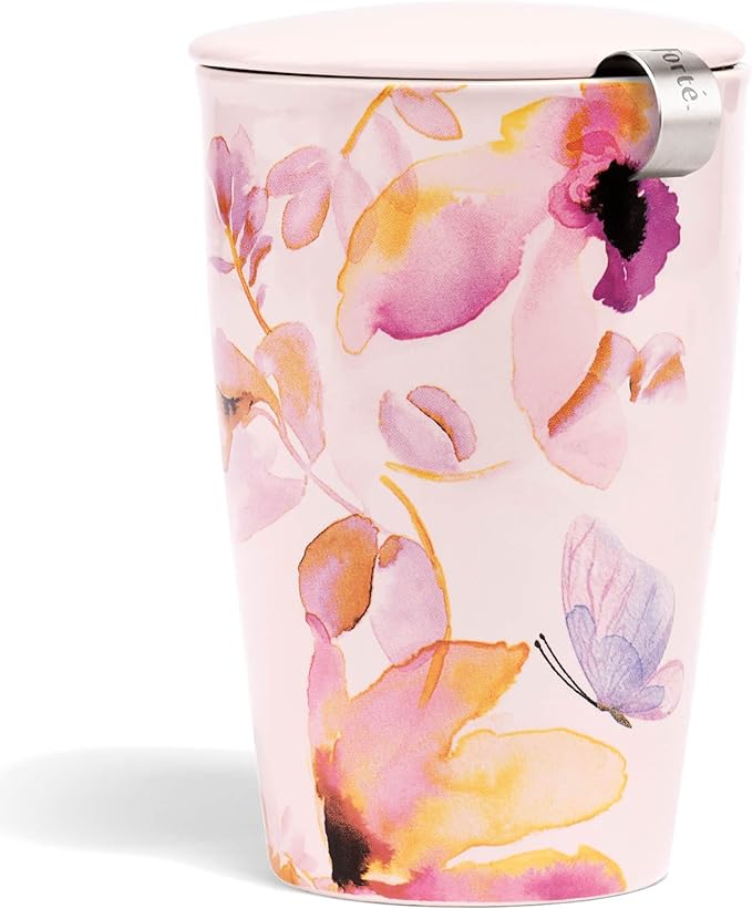Tea Forte Mariposa Double-Walled Ceramic Kati Cup with Removable Stainless Steel Infuser Basket and Lid, Steeps 12 oz Loose Leaf Tea, Lid and Cup Dishwasher & Microwave Safe
