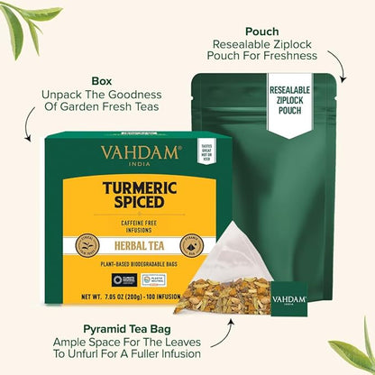 VAHDAM, Turmeric Spice Herbal Tea Bags (100 Pyramid Tea Bags) | Caffeine Free, Non GMO & Gluten Free | Turmeric Ginger Tisane with Cardamom, Cinnamon, Lemongrass & Black Pepper