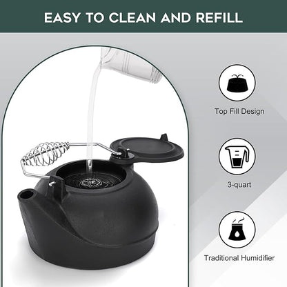 Gtongoko Wood Stove Steamer 3 Quart Cast Iron Humidifier Kettle for Wood Stove, Fireplace Steamer Humidifier with Wide Mouth, Cool-Touch Handle, Home Indoor Decorative Black