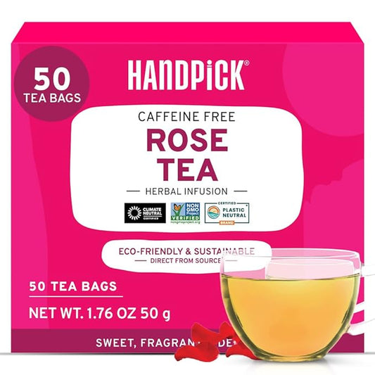HANDPICK, Rose Buds Herbal Tea Bags - 50 Count | Caffeine Free Tulsi Tea with Chamomile & Rose Extracts | Floral & Smooth | Round Eco-conscious Tea Bags