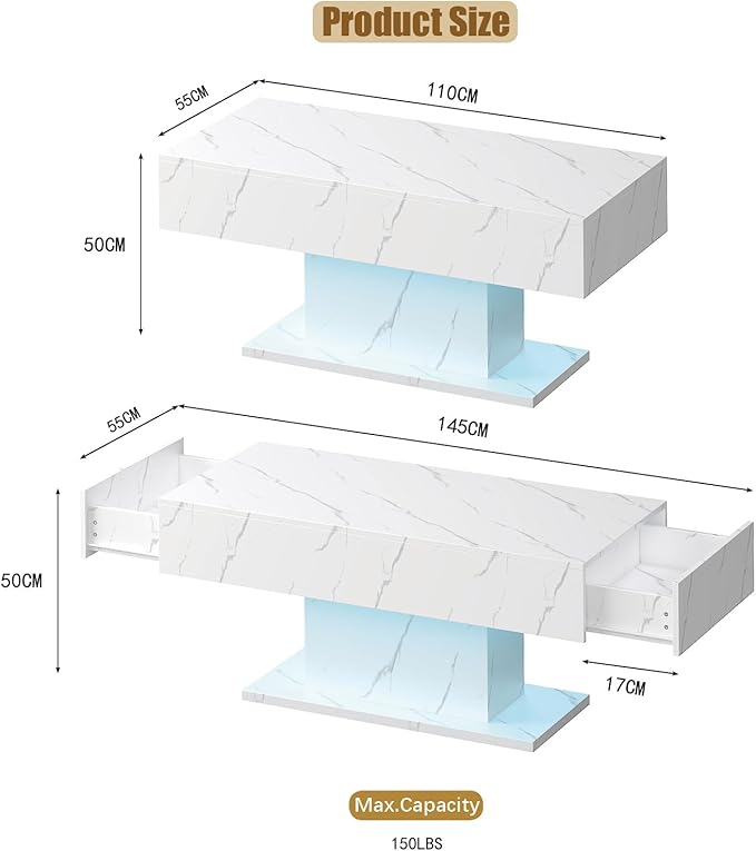 White Marble Led Coffee Table with 2 Storage Drawers for Living Room, Living Room Table Rectangular Center Table, Modern High Glossy Wooden Coffee Tables with Lights for Dining Reception Room