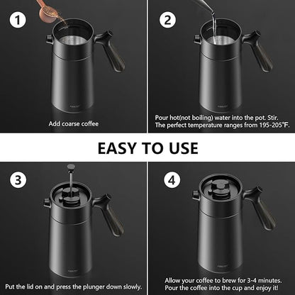 Stainless Steel French Press Coffee Maker, Double Walled Insulated Coffee & Tea Maker with Filter (Matte Black, 32 Ounce)