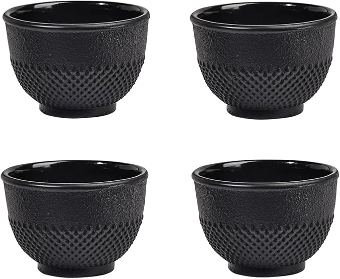 Sungmor Cast Iron Black Teacups, Set of 4 & 5 oz - Japanese Tea Cups with Enamel Interior, Traditional Gongfu Tea Set, Durable Heat-Retaining Tetsubin Style Drinkware