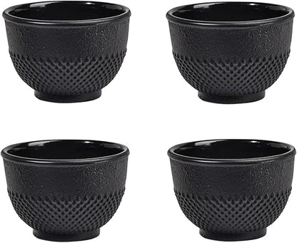 Sungmor Cast Iron Black Teacups, Set of 4 & 5 oz - Japanese Tea Cups with Enamel Interior, Traditional Gongfu Tea Set, Durable Heat-Retaining Tetsubin Style Drinkware