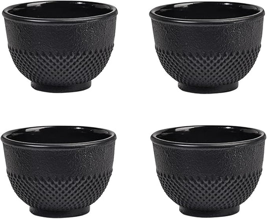Sungmor Cast Iron Black Teacups, Set of 4 & 5 oz - Japanese Tea Cups with Enamel Interior, Traditional Gongfu Tea Set, Durable Heat-Retaining Tetsubin Style Drinkware