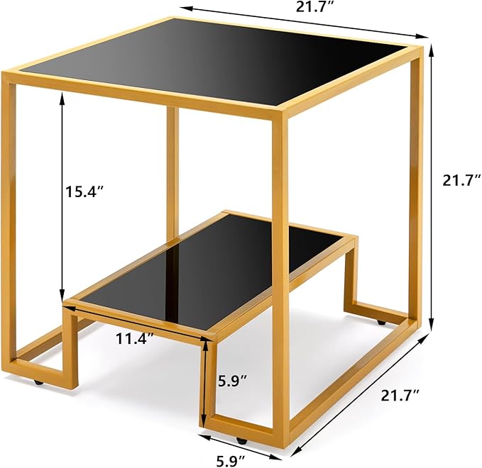 COSVALVE Tempered Glass End Table, 21 inch Square Side Tables, Accent Coffee Table w/Glass Top Metal Frame Storage Shelf for Living Room, Balcony, Porch, Small Space, Black & Brass