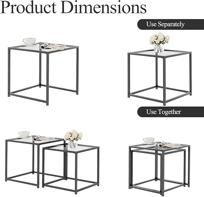 VILAWLENCE Coffee Table Set of 2, Modern Grey Patterned Glass Side Table, Metal Frame Square End Table, Center Tables Nesting Coffee Table for Living Room,Bedroom and Small Spaces