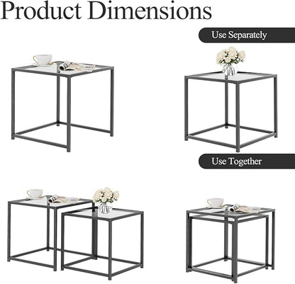 VILAWLENCE Coffee Table Set of 2, Modern Grey Patterned Glass Side Table, Metal Frame Square End Table, Center Tables Nesting Coffee Table for Living Room,Bedroom and Small Spaces
