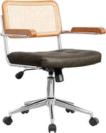 Load image into Gallery viewer, Genuine Leather Rattan Office Chairs, Modern Rattan Desk Chair with Natural Back &amp; Wood Armrest, Small Upholstered Tufted Cowhide Home Office Desk Chairs for Home Office, Bedroom, Study, Olive Green