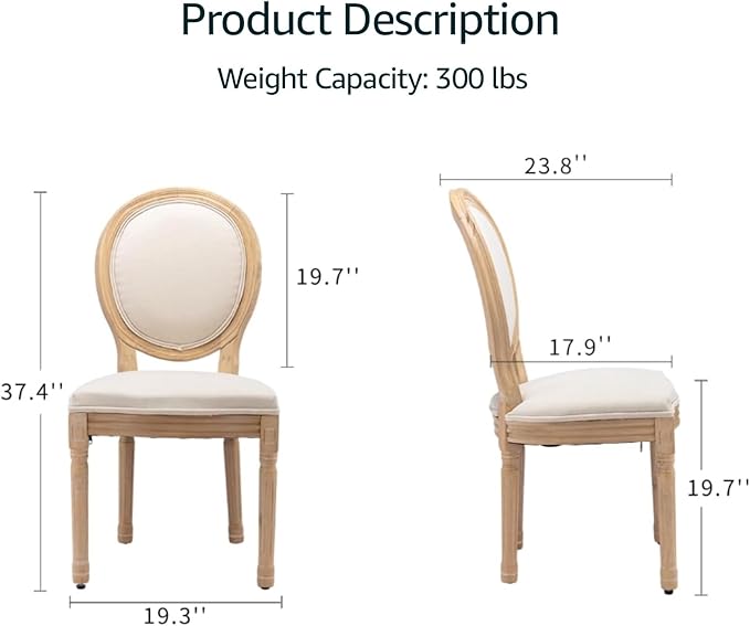 French Country Dining Chairs Set of 2, Beige Round Back Dining Chairs with Linen Upholstered Seat, Solid Wood Legs, Farmhouse Kitchen & Dining Room Chairs, Sillas De Comedor (Beige, 2Pcs)