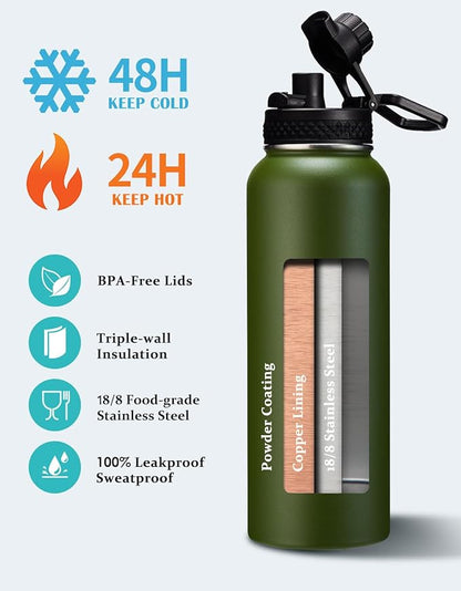Stainless Steel Sports Water Bottle - 32/40/64 Oz Insulated Water Jug with Straw & Auto Spout Lid, Paracord Handle, Bottle Sleeve, Cold 48H Hot 24H, Sweat-Proof Tactical Flask for Hiking, Army Green