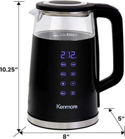 Kenmore Electric Kettle - 1.7 Liter Cordless Digital Chauffe-eau, Instant Pot Tea Kettle, Preset Temperature Control, Automatic Shut- Off, Cool Touch, Hot Water Boiling Heater, Black