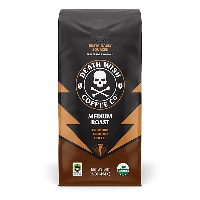 Death Wish Coffee, Organic and Fair Trade Medium Roast Ground Coffee, 16 Ounce (Pack of 1)
