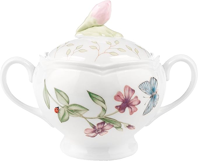 Lenox Butterfly Meadow Double Handled Sugar Bowl with Lid, White -, 1 Count (Pack of 1)