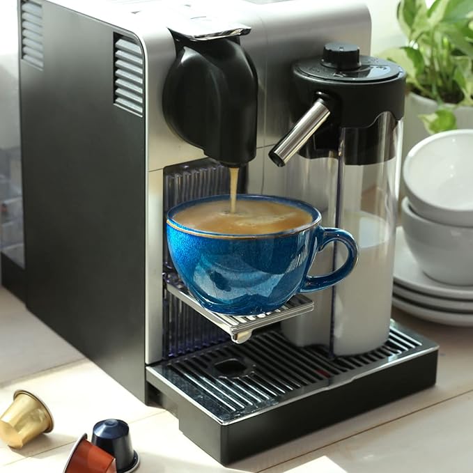 LE TAUCI 8 oz Cappuccino Cups with Saucers, Ceramic Large Coffee Cup for Au Lait, Double shot, Latte, Cafe Mocha, Tea - Set of 4, Ceylon Blue