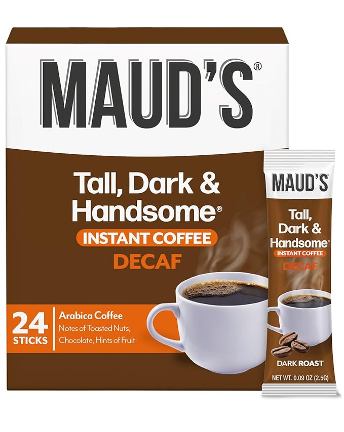 Maud's Dark Roast Decaf Instant Coffee, 24 ct, 100% Arabica Coffee, Instant Hot or Iced Coffee - Just add water