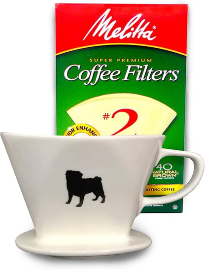 Simply Charmed Pug Coffee Pour Over Single Cup Ceramic Brewer Coffee Maker with Melitta Filters