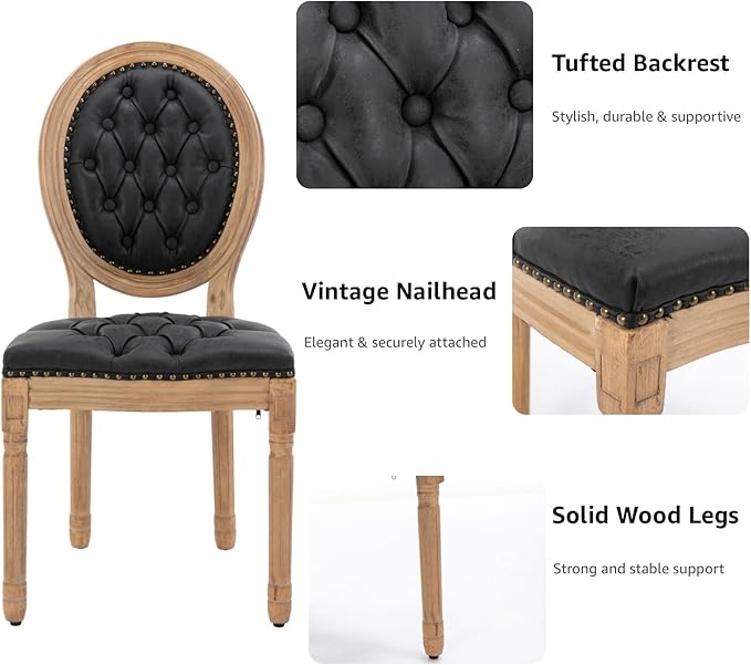 French Country Dining Chairs Set of 8, Black Upholstered Dining Chairs, PU Leather Tufted Back, Solid Wood Legs, Farmhouse Kitchen & Dining Room Chairs, Sillas De Comedor (Black, 8Pcs)