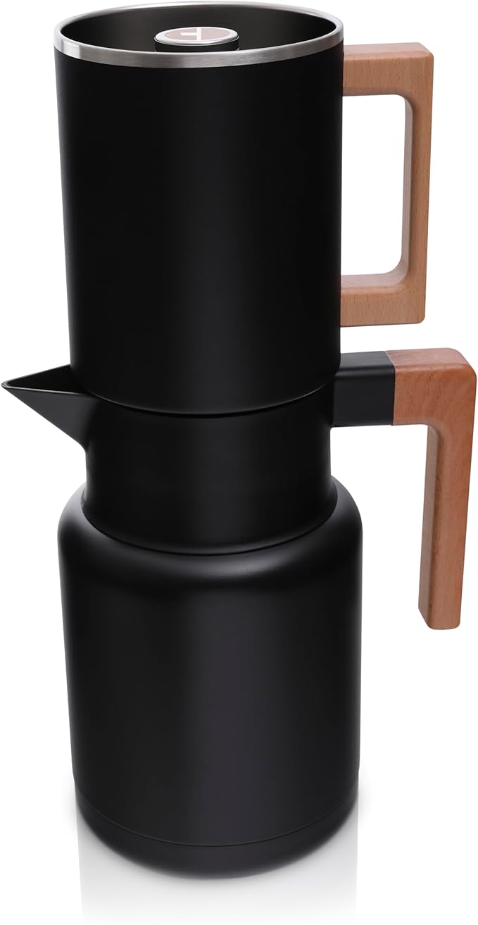HASTINGS 50 Oz Pour Over Coffee Maker Set with Double Layer Reusable Stainless Steel Filter 8-Cup and Wood Handle - Dual Wall Heat Resistant Drip Coffee Brewer, Pour Over Coffee Dripper Carafe, Black