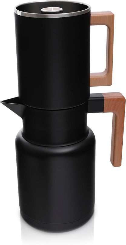 HASTINGS 50 Oz Pour Over Coffee Maker Set with Double Layer Reusable Stainless Steel Filter 8-Cup and Wood Handle - Dual Wall Heat Resistant Drip Coffee Brewer, Pour Over Coffee Dripper Carafe, Black