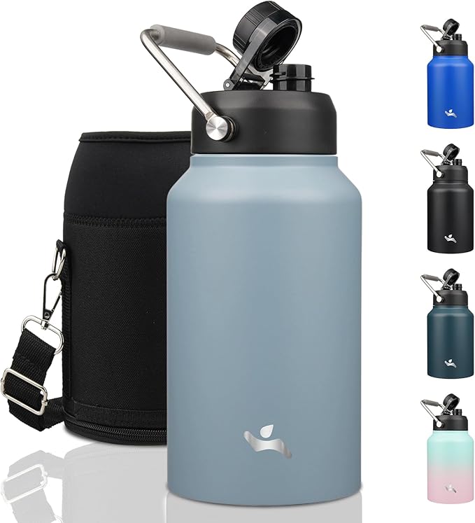 Jug with Handle,87 oz Insulated Water Bottle with Carrying Pouch, Double Wall Vacuum Stainless Steel Metal Bottle,Storm Blue