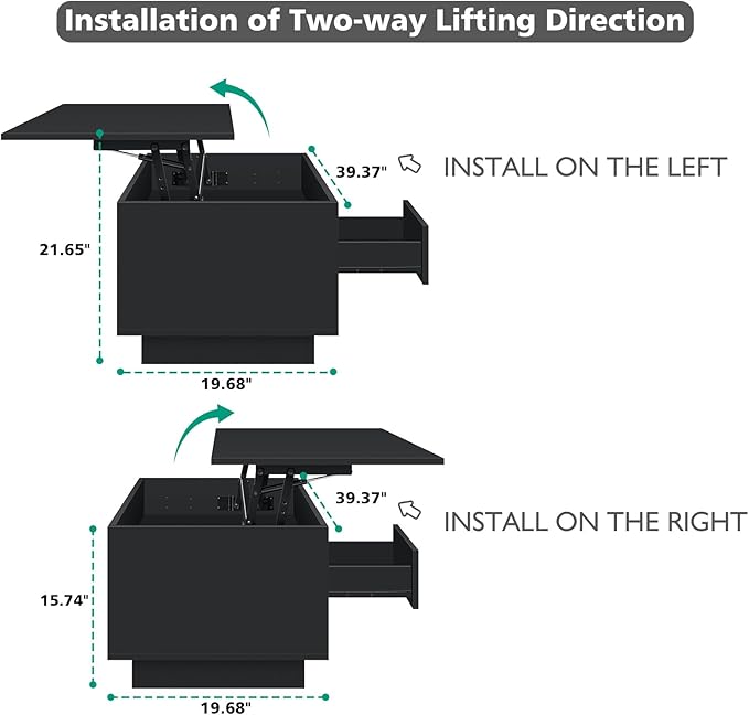 HOMMPA 40" Lift Top Coffee Table with Storage LED Coffee Table Morden High Gloss Living Room 3 Tiers Modern Tea Table with Storage Center Tables Hidden Compartment & Open Shelve & Drawer Black