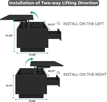 HOMMPA 40" Lift Top Coffee Table with Storage LED Coffee Table Morden High Gloss Living Room 3 Tiers Modern Tea Table with Storage Center Tables Hidden Compartment & Open Shelve & Drawer Black