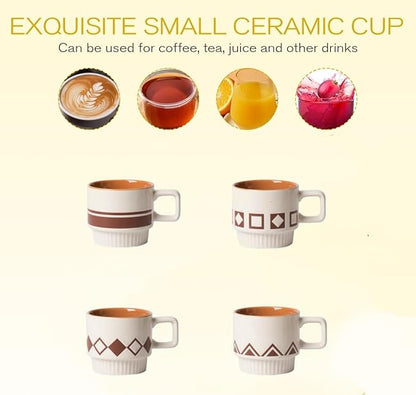 Stackable Coffee Mugs Set, Ceramic Espresso Cups for Au Lait, Cappuccino,Latte,Cafe,Mocha,Tea, Geometric Pattern Cups Suit For Housewarming Wedding- 11 oz, Set of 4, Beige&Brown