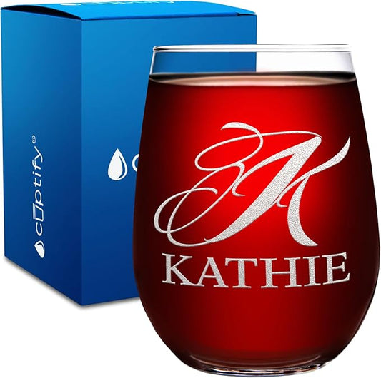 Personalized Wine Glass Script Monogram Initial and Name Engraved 17 oz Stemless Customized Red White Wine Glass Gift for Women