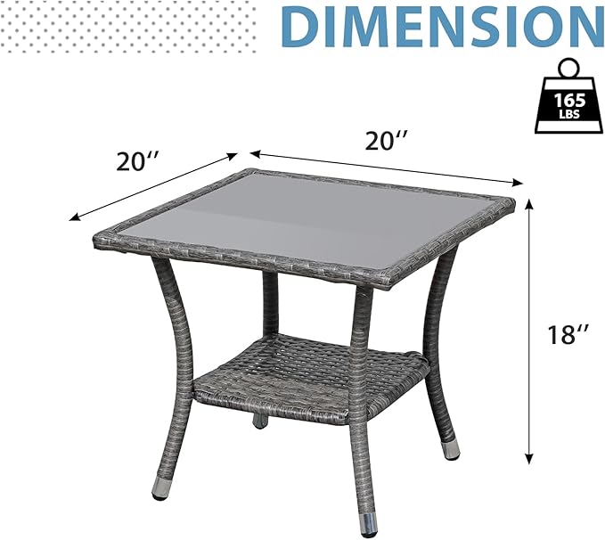 Super Patio Outdoor Side Table, 20" Square Wicker End Coffee Table with Tempered Glass Top, Aluminum Frame, Gray
